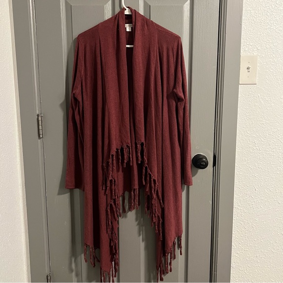 Garnet Hill Sweaters - Garnet Hill Maroon Fringe Cardigan